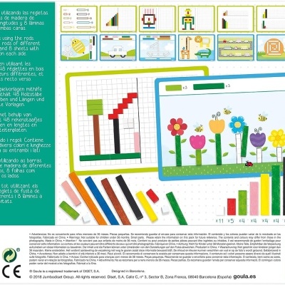 Kit de construção com peças coloridas tipo mosaico e folha quadriculada