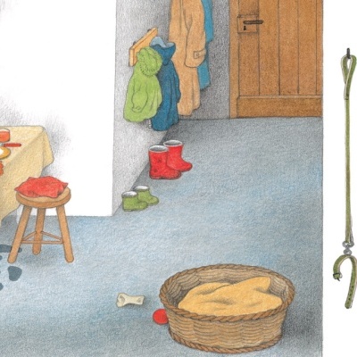 Entrada com casacos, botas, cesta com manta e mesa com toalha e pratos.