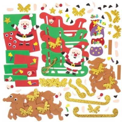 Autocolantes natalícios em EVA com trenós, Papai Noel, renas, meias e enfeites dourados