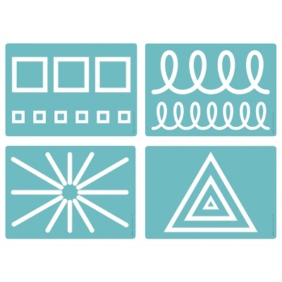 Conjunto de quatro stencils com padrões geométricos brancos em fundo azul-turquesa