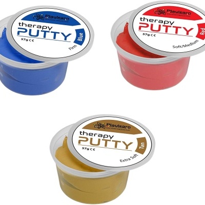 Três potes de plasticina terapêutica Playlearn em azul, vermelho e bronze com etiquetas nas tampas.