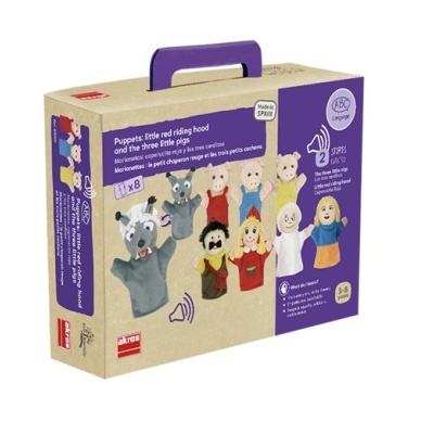 Embalagem com fantoches de tecido dos personagens capuchinho vermelho e os três porquinhos