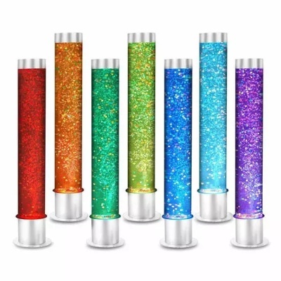 Túbulos verticais transparentes com glitter colorido em vários tons e bases prateadas