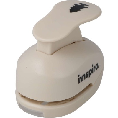 Perfurador de papel bege com ícone de árvore de Natal e texto 'ïnspiro.' na lateral