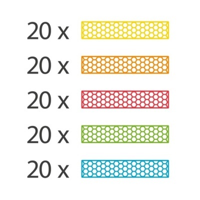 Cinco barras coloridas com padrão de bolhas e números 20x ao lado
