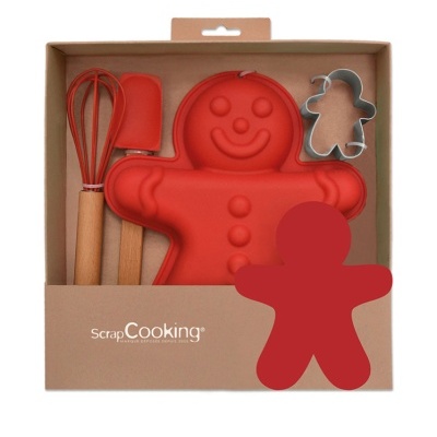 Conjunto de utensílios de cozinha com batedor, espátula, forma de silicone e cortador de massa em forma de boneco de gengibre, embalados em caixa de cartão.