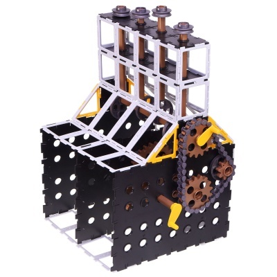 Estrutura de montagem com engrenagens, alavancas e tubos em várias cores