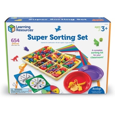 Caixa do conjunto educativo Super Sorting Set com peças coloridas e cartas de atividades