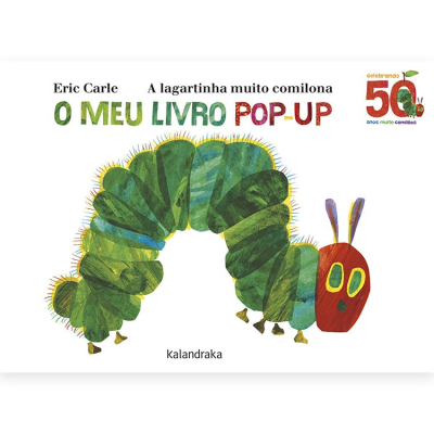 Capa do livro infantil pop-up com ilustração de lagarta e título em português