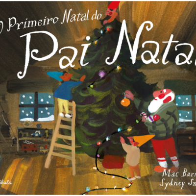 Capa do livro O Primeiro Natal do Pai Natal com ilustração de pessoas a decorar árvore de Natal