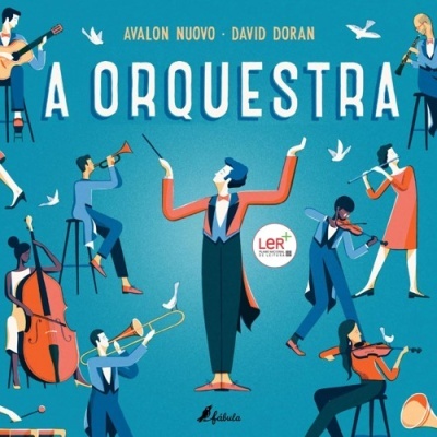 Capa de livro azul com título A ORQUESTRA e ilustrações de músicos e instrumentos