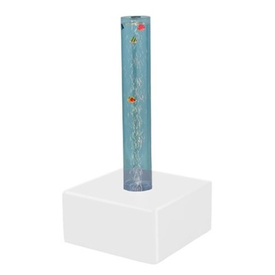 Coluna decorativa azul translúcido com bolhas e peixes coloridos em relevo em base branca