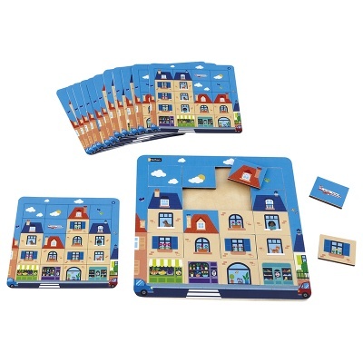 Jogo infantil de tabuleiro com edifícios coloridos e peças de madeira para encaixe