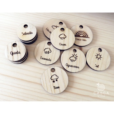 Discos redondos em madeira clara com gravações de dias da semana e símbolos do tempo