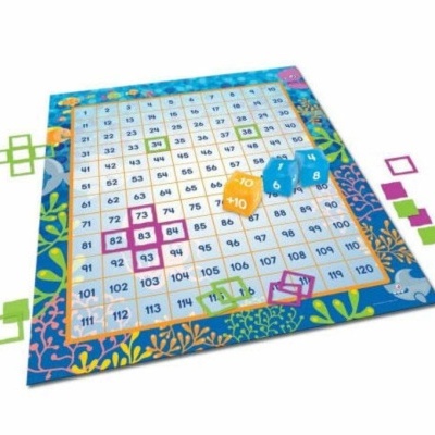 Jogo de tabuleiro com números de 1 a 120 e dados coloridos