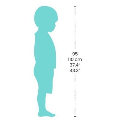 Silhueta azul de criança com marcas de altura em centímetros e polegadas