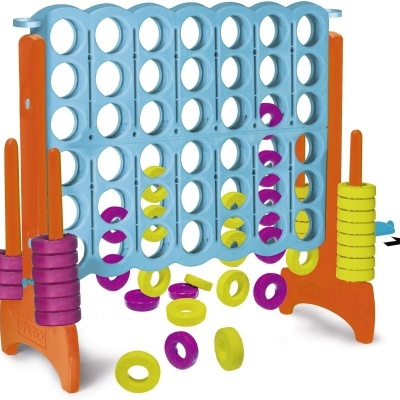 Jogo ligar quatro em plástico azul e laranja com peças amarelas e roxas