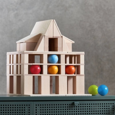 Modelo de construção em madeira clara com bolas coloridas em várias aberturas