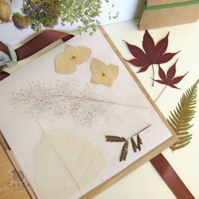 Folhas e flores secas sobre prancheta branca e fita castanha