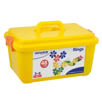 Caixa amarela de plástico com pega e fechos laranja contendo 48 peças de anéis coloridos MiniLAND