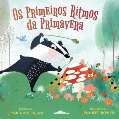 Capa de livro infantil com ilustração de texugo, cogumelos e flores