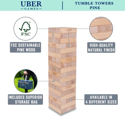 Jogo Tumble Towers em madeira de pinho com logotipo UBER e descrição das características