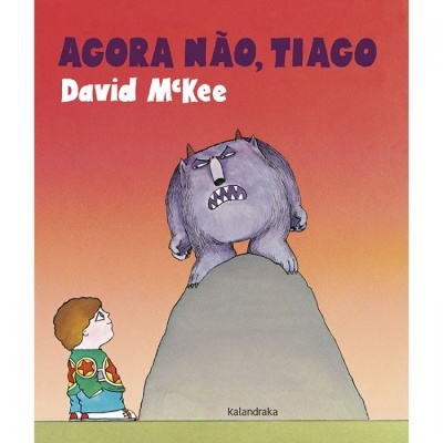 Capa de livro com criança e monstro roxo em cima de rocha