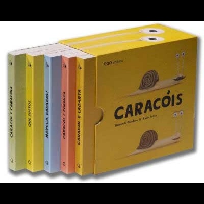 Conjunto de livros caracóis em caixa amarela com ilustração de caracol
