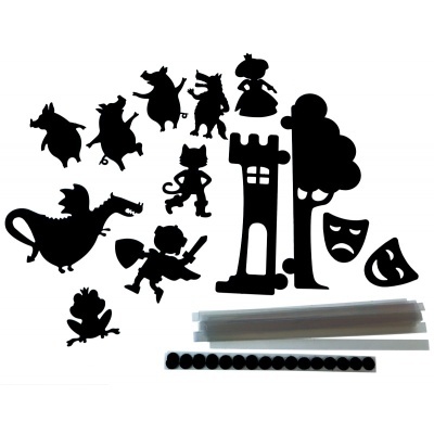 Silhuetas pretas de personagens de conto, castelo, dragão e acessórios num fundo branco