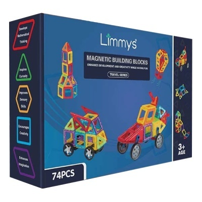 Caixa azul do brinquedo blocos magnéticos Limmy's com imagens de modelos construídos em vermelho, amarelo, verde e azul