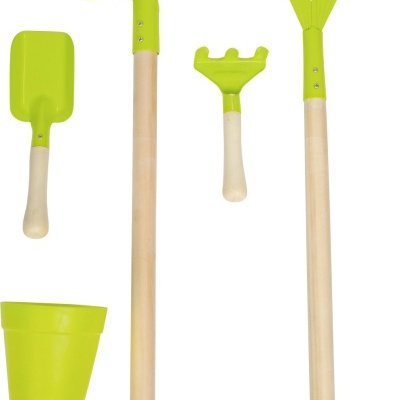 Conjunto de ferramentas de jardinagem para crianças com pá, ancinho, pá pequena, rastelo e vaso verde