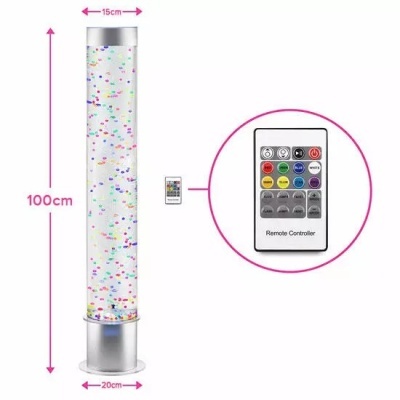 Coluna luminosa decorativa com pequenos objetos coloridos e comando remoto