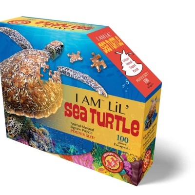 Quebra-cabeças azul e amarelo com tartaruga marinha e texto 'I AM LIL SEA TURTLE'.