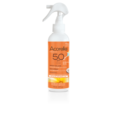 Spray solar Acorelle SPF 50+ em frasco branco e laranja com aplicador spray.