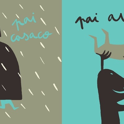 Ilustração com duas figuras e frases 'pai casaco' e 'pai avião'