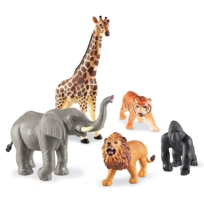 Conjunto de brinquedos de animais selvagens em plástico com girafa, tigre, elefante, leão e gorila