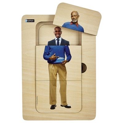 Quebra-cabeças de madeira com peças removíveis mostrando homens em fatos diferentes