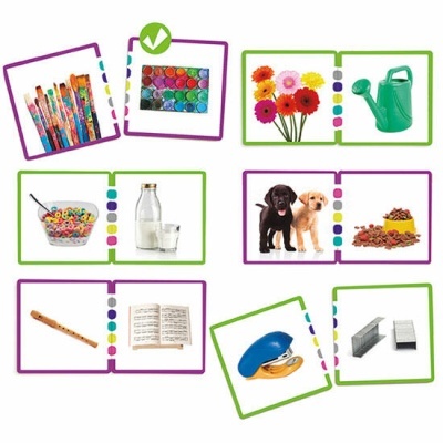 Cartões com imagens pares de objetos relacionados para aprendizagem visual.