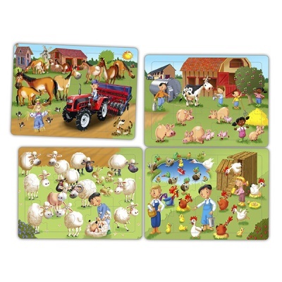 Quatro puzzles infantis com cenas rurais coloridas e animais da quinta.