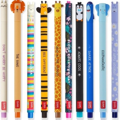 Canetas coloridas com topos de animais e frases em inglês
