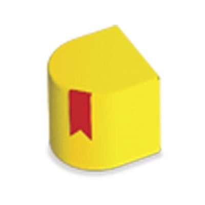 Separador de livros amarelo em forma de fatia de bolo com fita vermelha