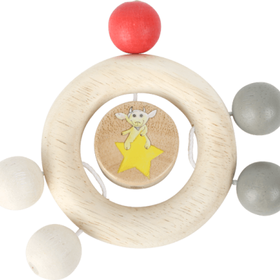 Brinquedo de madeira com anel circular e bolas coloridas