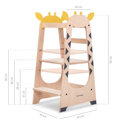 Torre de aprendizagem infantil de madeira com detalhes amarelos e medidas em centímetro
