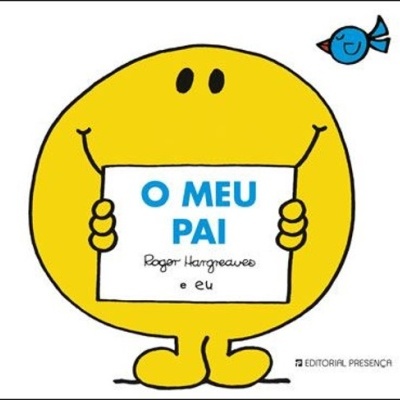 Capa de livro amarelo com personagem sorridente e placa com texto O MEU PAI
