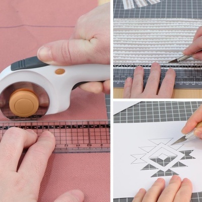 Mãos a usar ferramentas para trabalhos manuais com tecido e papel.