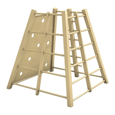 Estrutura de madeira clara para escalada infantil em fundo branco