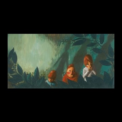 Ilustração de três bonecos em floresta com folhagens verdes