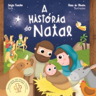 Capa do livro 'A História do Natal' com a Sagrada Família e Reis Magos em ilustração colorida