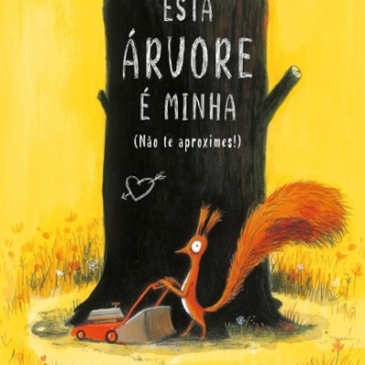 Capa de livro com árvore preta, texto e um esquilo com corta-relva