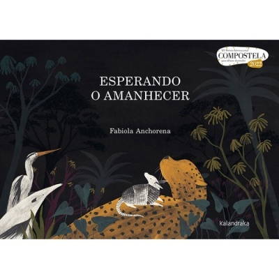 Capa de livro 'Esperando o Amanhecer' com ilustração de animais numa paisagem escura